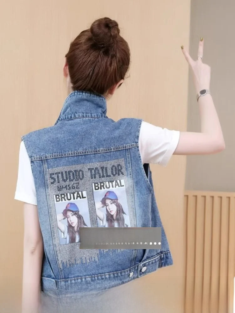 Luxury Brand Women's Loose Sleeveless Denim Vest Spring Autumn Korean Style Vintage Print  Neck Short Length Single Button