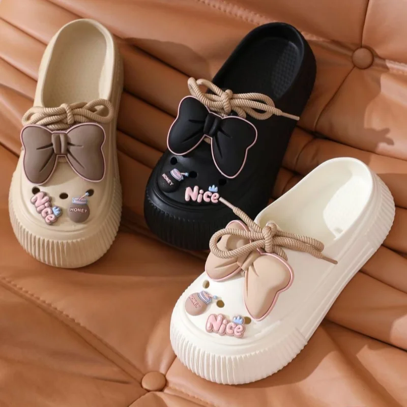 New Summer Women\'s Cute Slippers with Bow Decoration Headed Slippers Thick Sole Home Bathroom Slippers Brand and Sandals