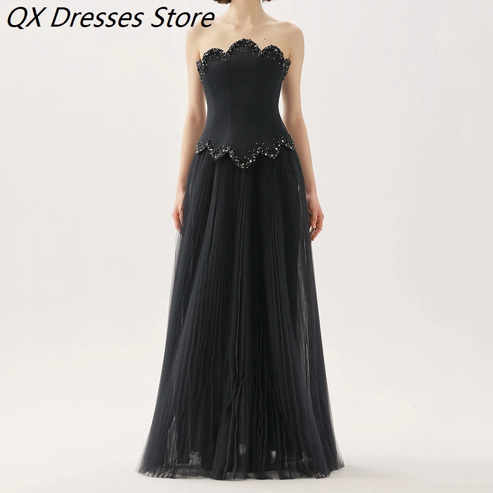 

Women's A-line Evening Dresses Floor-length Strapless Sleeveless Prom Dresses Fashion Crystal Simple Draped Customized Gowns