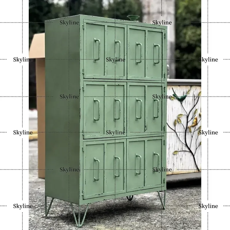 Avocado Green Wrought Iron Storage Cabinet, French American Country Style 6 Doors for Outdoor Use