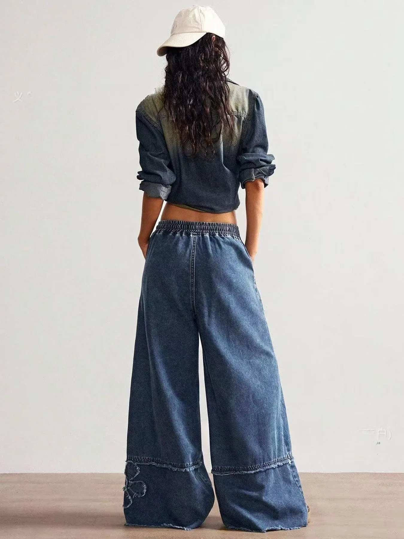 [Cross-Border Bestseller] European And American Trendy Style Drawstring Elastic Waist Loose Embroidered Wide-Leg Women's Jeans