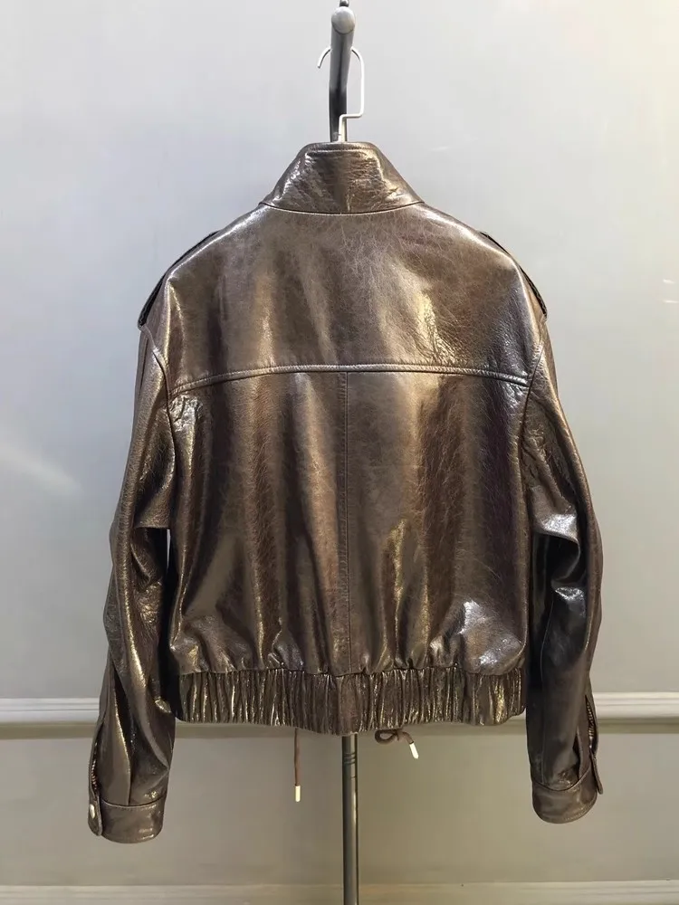 Women Versatile Genuine Leather Long Sleeves Stand Collar Buckle Strap Coffee Jacket Sheepskin Pocket Zipper Loose Workwear Coat