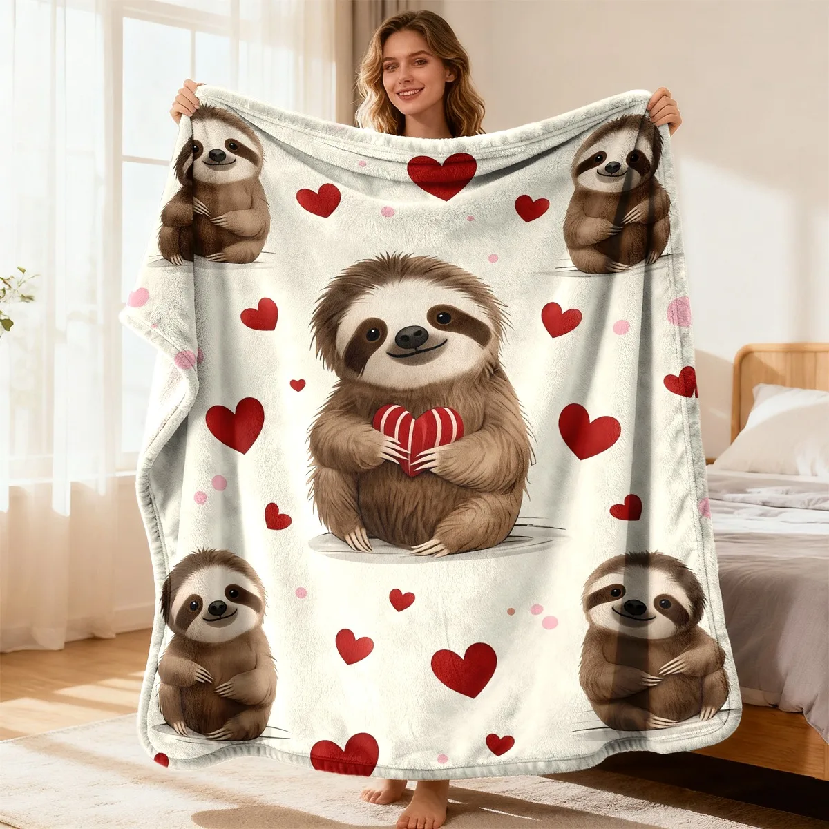 Sloth Plush Fleece Blanket Soft Flannel All-Season Cozy Spread with Sloths & Hearts Plush Ding for Couch Office Travel Ideal Gift for Women Men Cute Blanket Couch Cover Playful D