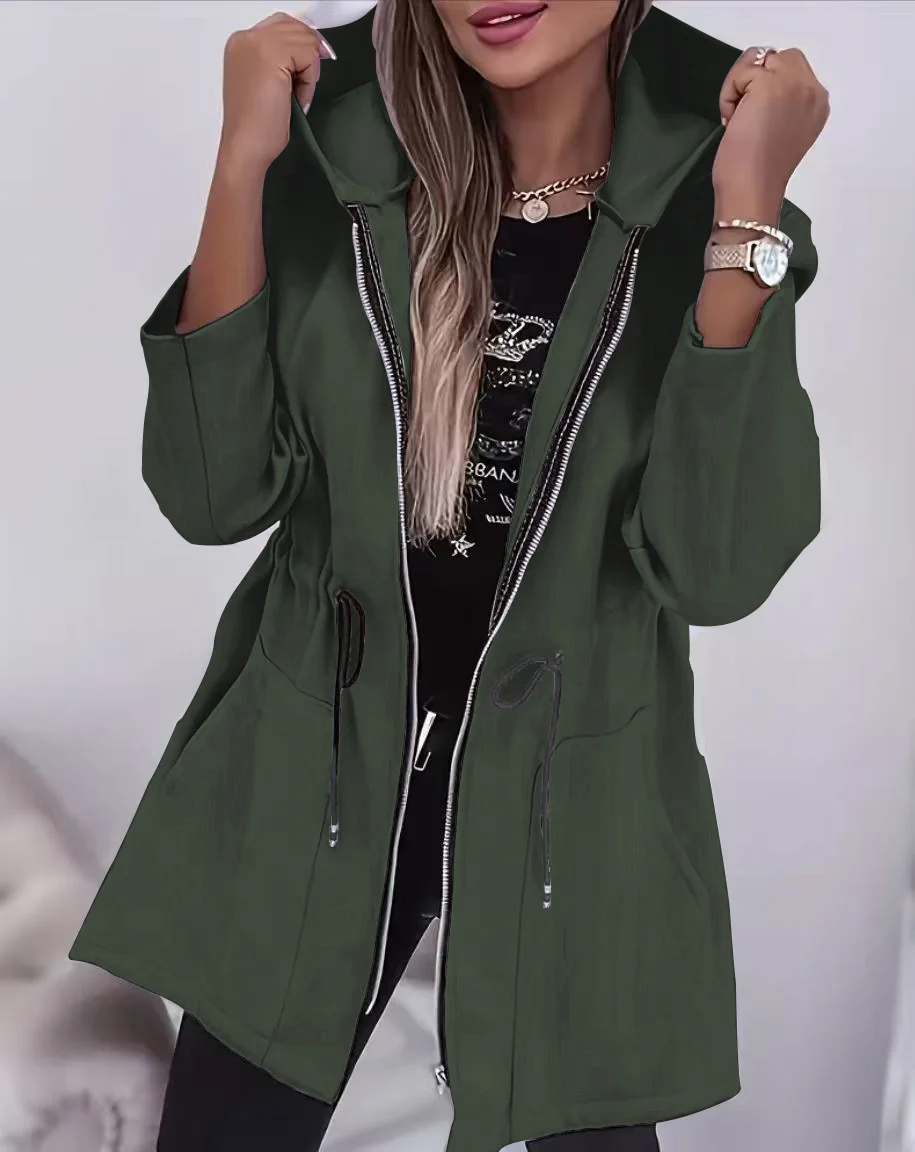2026 New Women's Fashion Loose Waist Relaxed Mid-Length Hooded Zipper Jacket