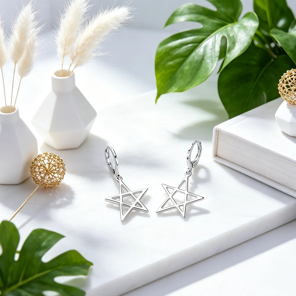 Geometric Five-pointed Star Genuine 925 Sterling Silver Drop Earrings For Women Exquisite Korean Trend Piercing Jewelry Gifts