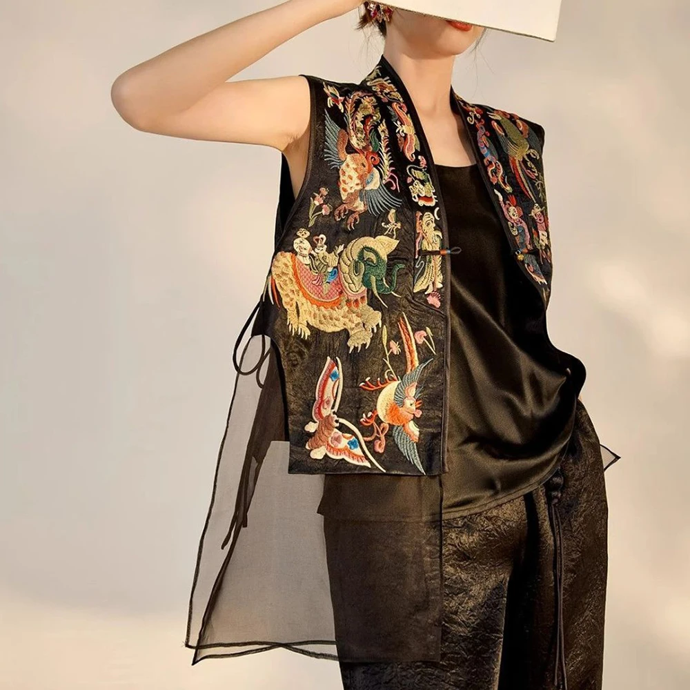 

2025 vest summer national style design embroidered vest new Chinese top jacket heavy industry mesh women