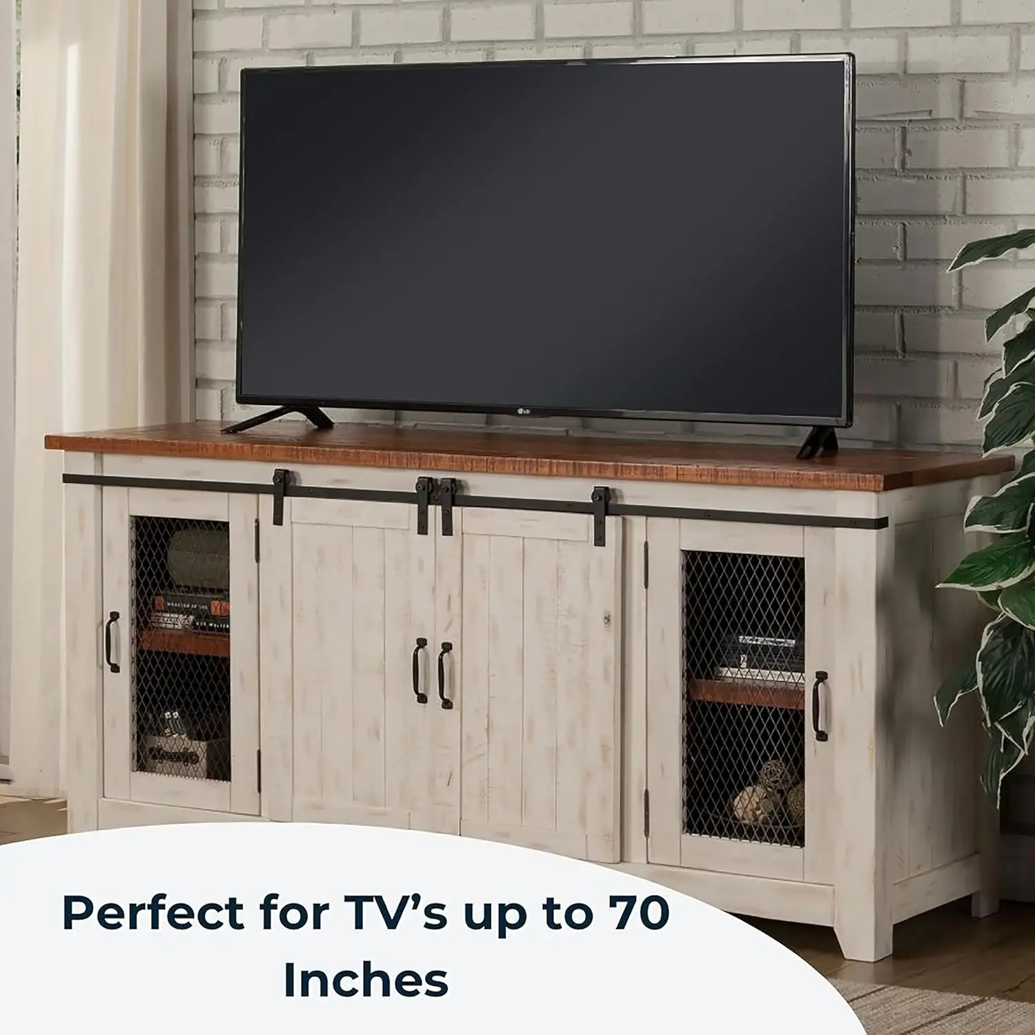 Rustic 65” Solid Wood TV Stand with Storage White and Aged Distressed Pine Multi-function Practical and Convenient