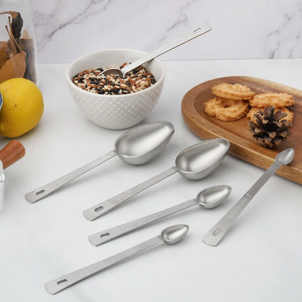 6 Piece Stainless Steel Measuring Spoons with Engraved Oval Scoops for Baking Coffee Brewing Powdered Milk and Spice Measuring
