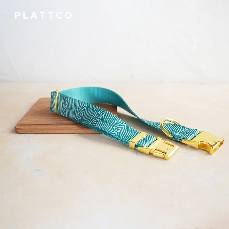 PLATTCO unique design dog collar print GREEN ZEBRA pattern and high-quality gold buckle 5 size PDC333YG