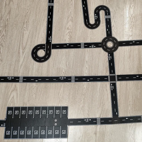 Imagen 2 del producto 28 rollos + 9 pegatinas de aplicación de escena de juego de tráfico, diseño de tránsito de carril y carretera DIY de 118,1 pulgadas y cinta de papel, utilizada para ferrocarril