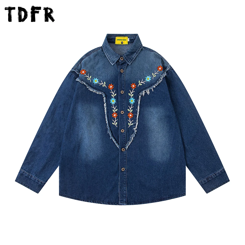 

Flower Embroidery Denim Shirts Mens Raw Edge Autumn Washed Distressed Retro Loose Lapel Single Breasted Long Sleeve Shirts