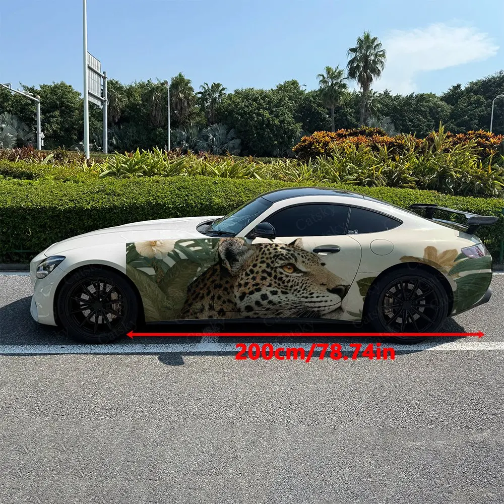 2pcs Tropical Floral Leopard Car Side Wraps, Self-Adhesive PVC Waterproof & Scratch-Resistant Stickers, Car Accessory Gift