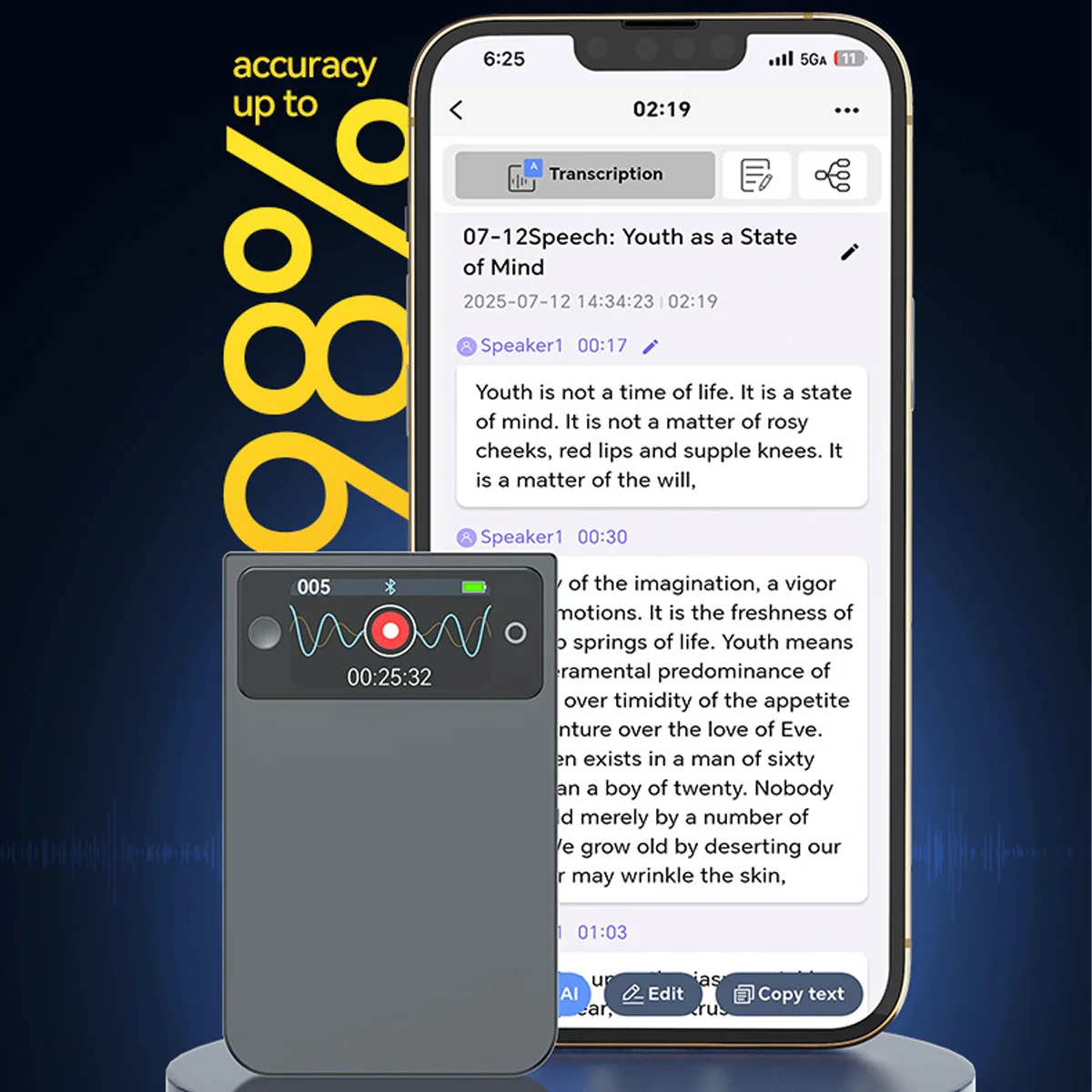 

Professional AI Translator Recorder A3P, 189 Language Live Translation, Speaker Recognition, Auto Summary, for Business & Travel