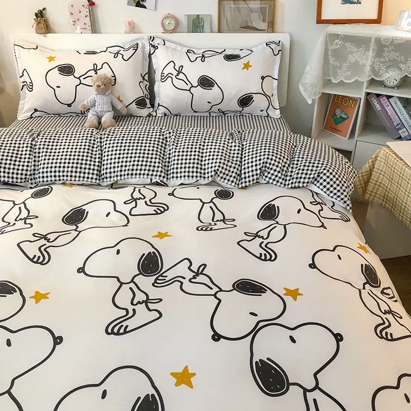 Snoopy Cotton Four-Piece Set Washed Cotton Bedding Anime Cartoon Ins Bed Sheets Student Dormitory Three-Piece Bedding Set