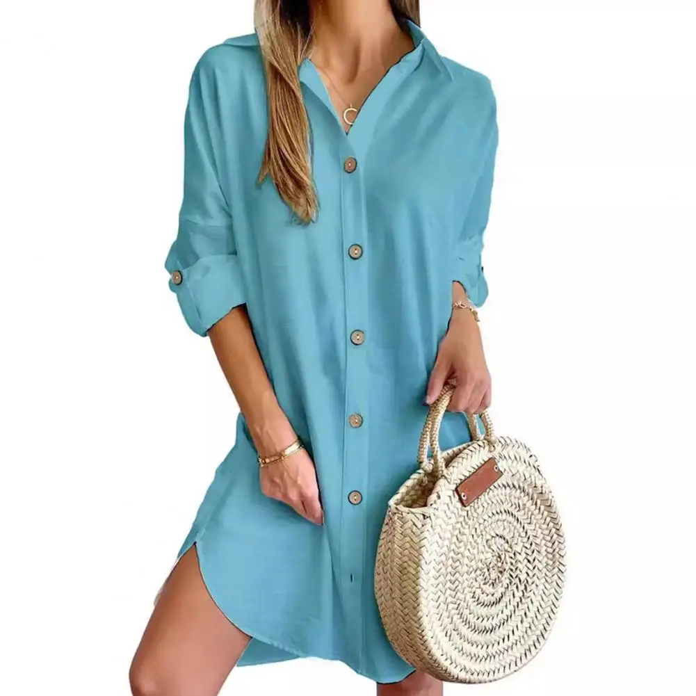 

Women Long Sleeve Shirt Dress Long Sleeve with Turn-down Collar Single-breasted Closure Irregular for Spring