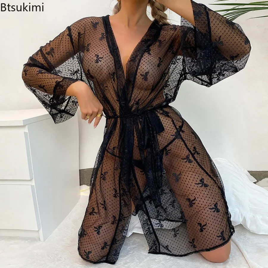

Women's Sexy Pajama Polka Dot Mesh Robe Bowknot Print Sexy Lingerie Night Dress V-Neck Cardigan See Through Bathrobe Nightwear