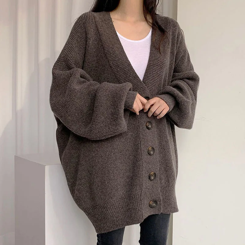 Lucyever Winter New Women Knitted Cardigan Casual Loose V-Neck Single-Breasted Sweater Coat Female Lantern Sleeve Warm Sweaters