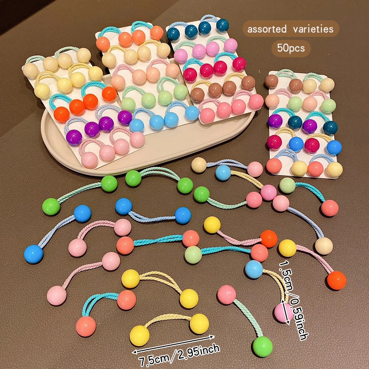 50 button style double ended rubber bands with colorful random hair loops suitable for daily use as hair accessories