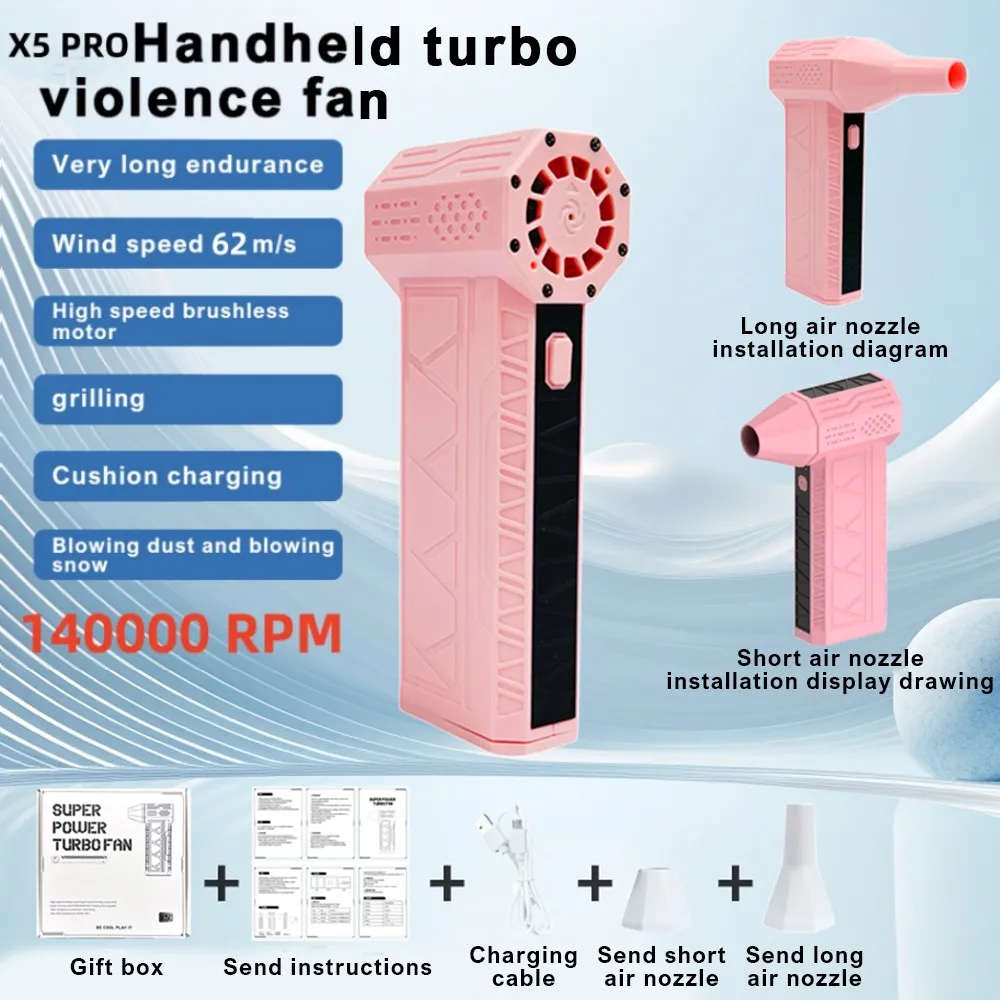 Kipas angin Turbo Jet 140000RPM, kipas saluran genggam Motor tanpa sikat 62 M/S, pengisian daya tipe-c portabel dengan tampilan daya ventilado