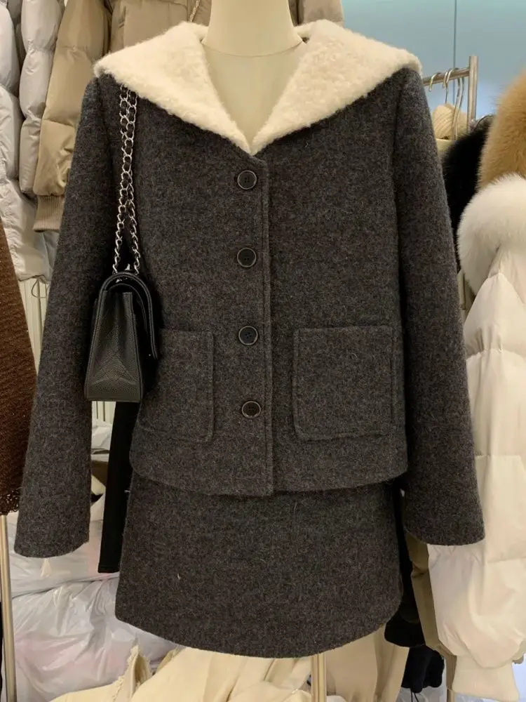 النمط البريطاني البحرية طوق أسفل سترة الشتاء الجديدة كلمة تنورة قصيرة الصوفية دعوى النساء #1