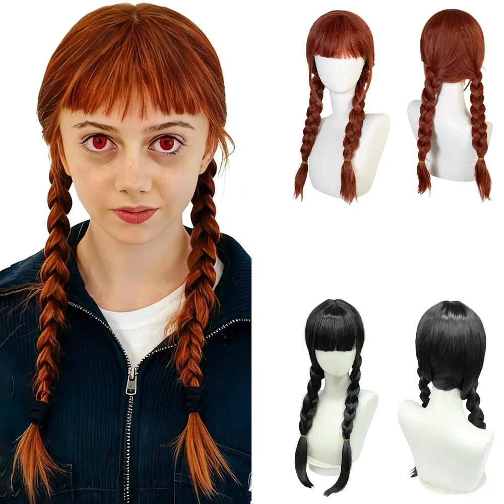 Addams Cosplay Synthetic Hair With Bangs, Black And Brown Braids Suitable Daily Party Role-Playing, Nature Heat-Resistant Wig