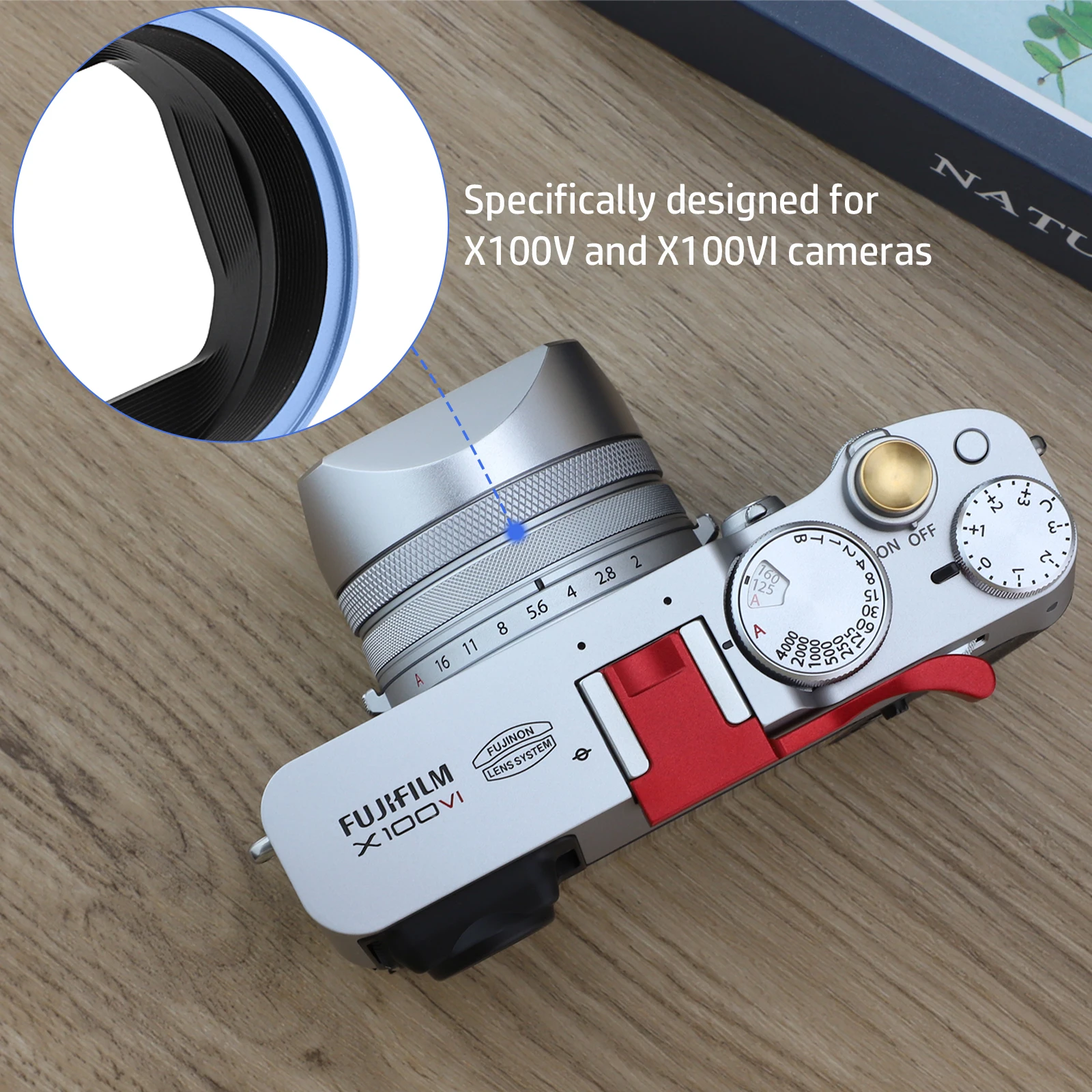 Haoge LH-X54W quadratische Gegenlichtblende aus Metall mit 49-mm-Adapterring für Fujifilm Fuji X100VI X100V Kamera, Silber – Detail 10