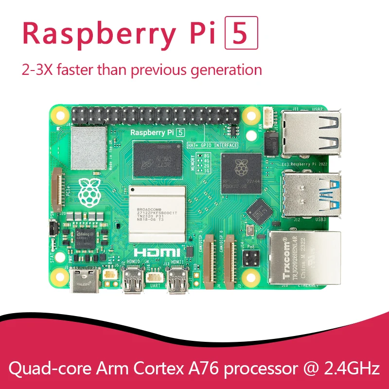 Raspberry Pi 5 Development Board, Cortex-A76, 2GB/4GB/8GB RAM, PCIe, Gigabit LAN, USB 3.0, Linux & Python Programming