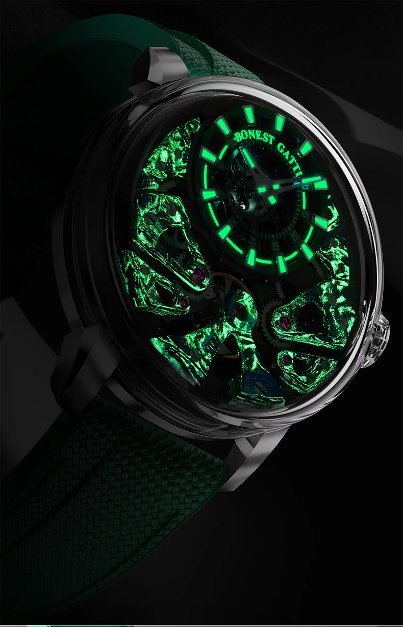 BONEST GATTI Мужские автоматические часы 44 мм Модные механические наручные часы Скелет из углеродного волокна Светящийся циферблат Сапфировое зеркало