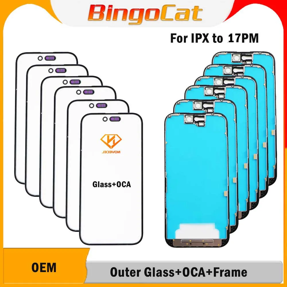 Novecel 10Pc Front Screen Outer Glass+OCA+Bezel Frame For Apple iPhone18 17Pro 12 13 14 15 16 Pro Max Plus Screen Lens Panel