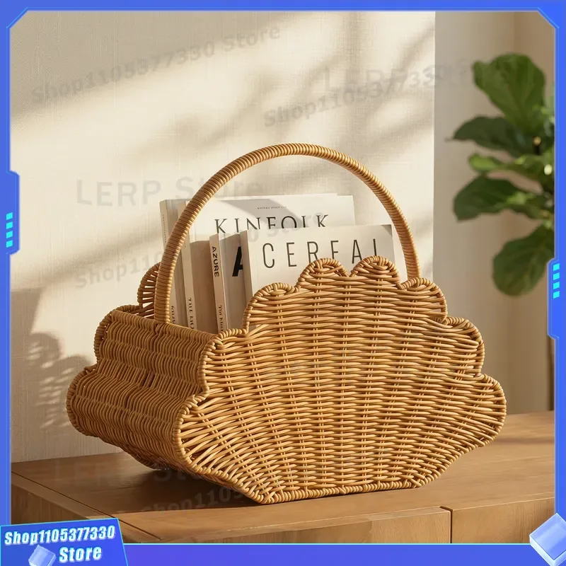 Handwoven Rattan Storage Basket Portable Picnic Fruit Vegetable Picking Woven Organizer for Home Kitchen Toy Box Natural