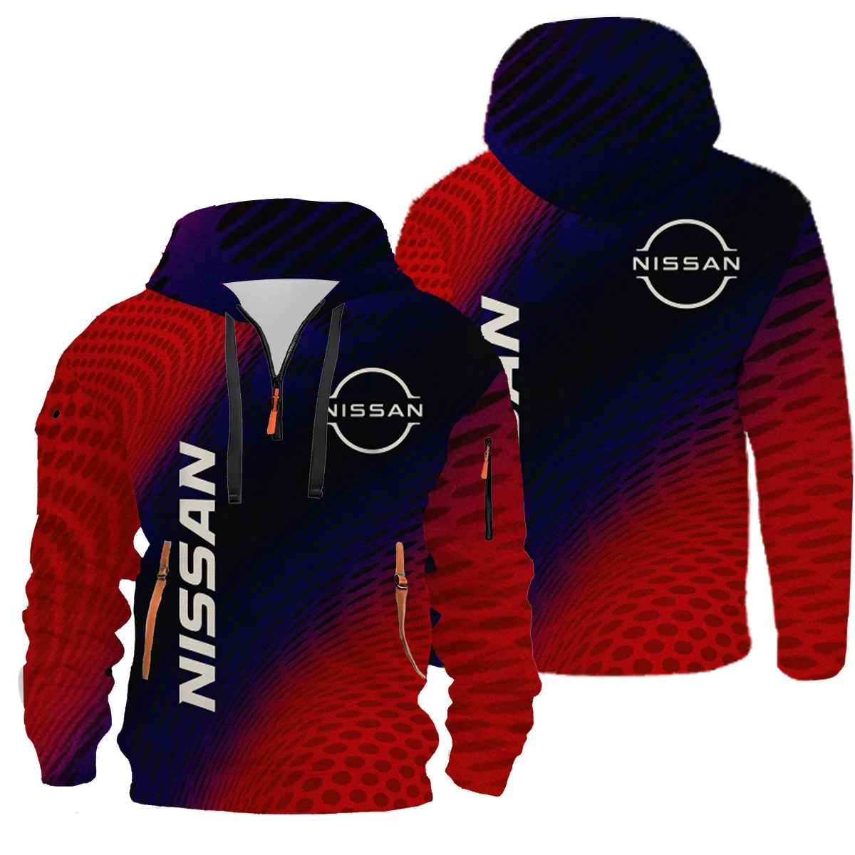 2025 Hooded sweatshirt, featuring bold color stitching design and 3D Nissan printed men's autumn/winter half zip sweatshirt