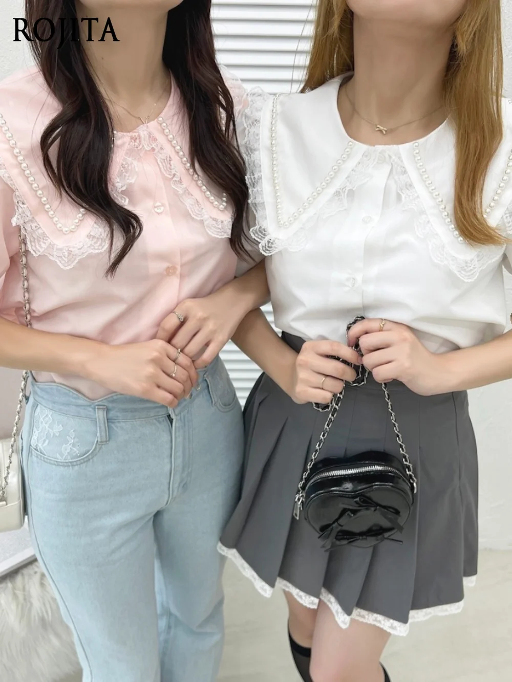 

Girl Series Sweet Design Pearl Ruffle Luxurious Pearl Ruched Lace Trim Large Turn-Down Collar Short Sleeve Shirt Top for Women