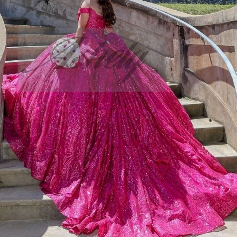 Gorgeous Shinny Fuchsia Quinceanera Dresses Ball Gown Off Shoulde Lace Up Bow Women Birthdy Party Dress Prom Occasion Sweet 16