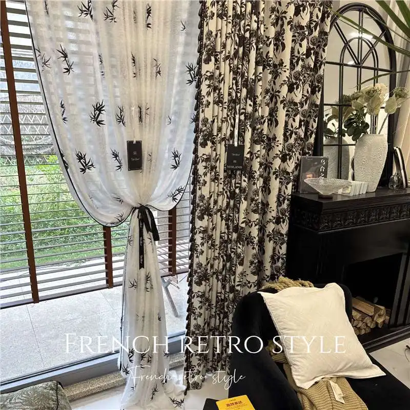 Custom Size Fashion Modern High-end Whole House Matching Bedroom Balcony Study New Black and White Curtains and Plush Bamboo