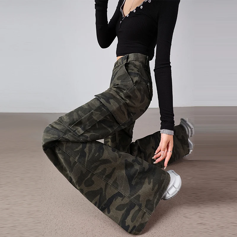 American high street retro camuflagem perna larga jeans feminino casual solto em linha reta calças compridas rua sle água wa