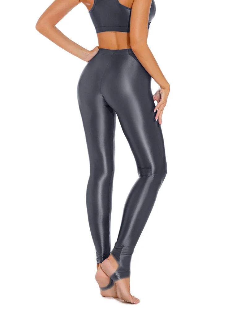 Sexy Satin Oil Glossy Shiny Pencil Foot Pants Elastic Tight Smooth Sheer See Through Leggings Dance Tights Candy Color Leotard