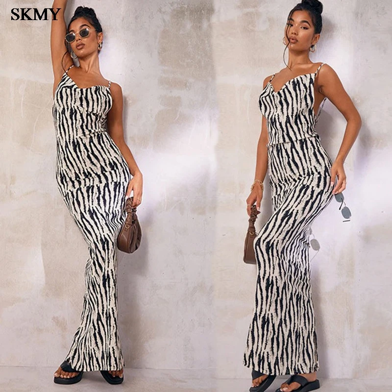 SKMY Women's 2024 Summer New Fashionable Printed Sexy V-neck Bareback Strap Dress Summer Clothes Women 2024