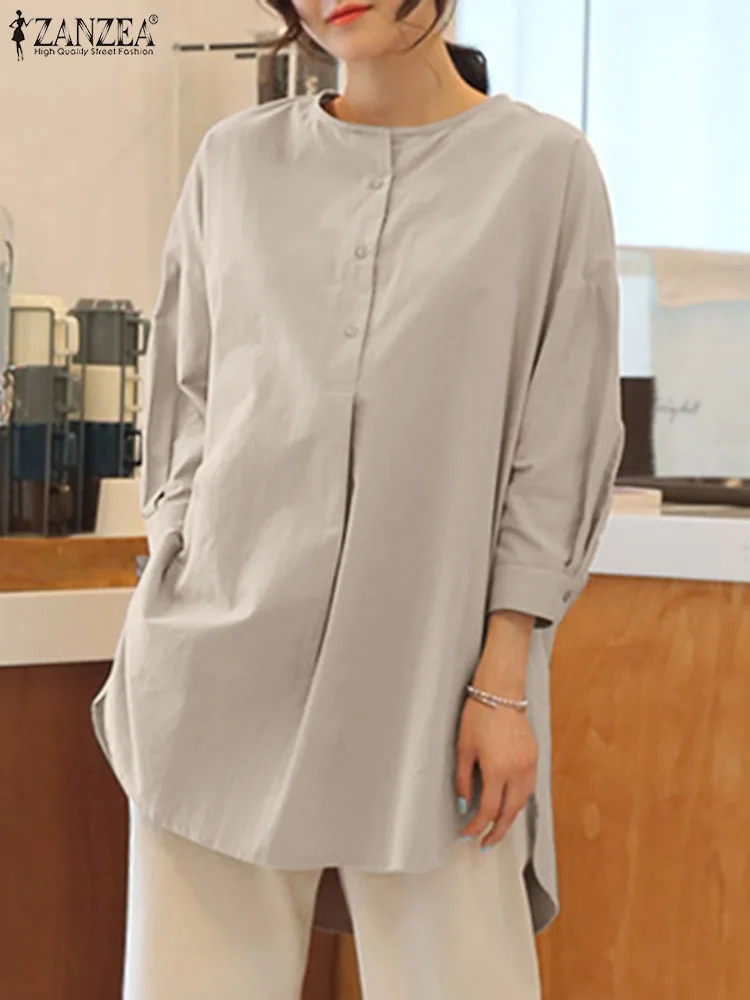 

Women Blouse ZANZEA Autumn Long Sleeve Round Neck Casual Loose Tops Fashion Tunic Buttons Streetwear Tops OL Work Blusas