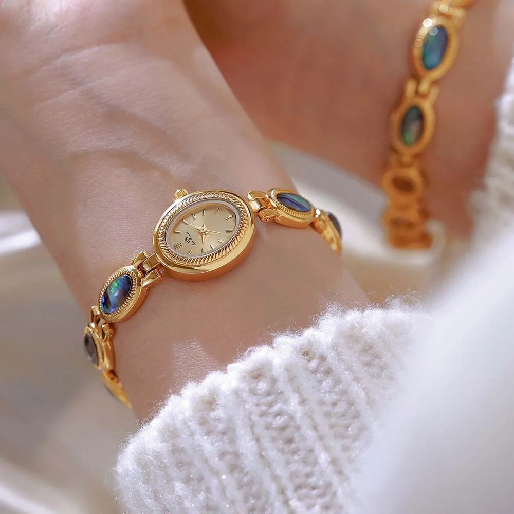 ساعة يد نسائية قذائف طبيعية ملونة سوار خمر ساعة صغيرة البيضاوي الهاتفي الذهب الرجعية الساعات الفاخرة كوارتز ساعة الهدايا