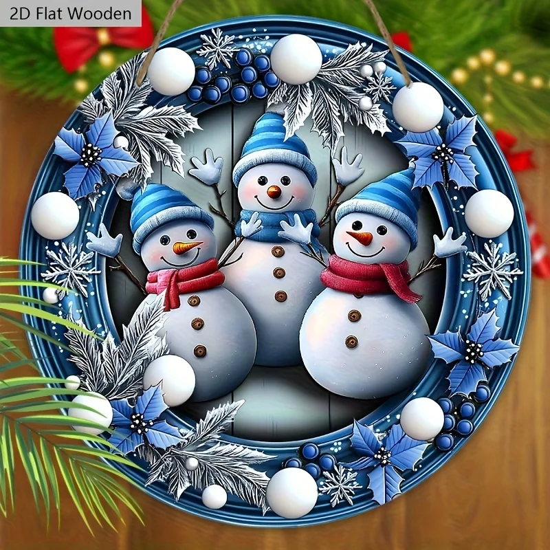 2D Flat, 1pc 7.87in Wooden Christmas Sign with Adorable Snowman Pattern - Cute Winter Wonderland Round Hanging Decor for Front D