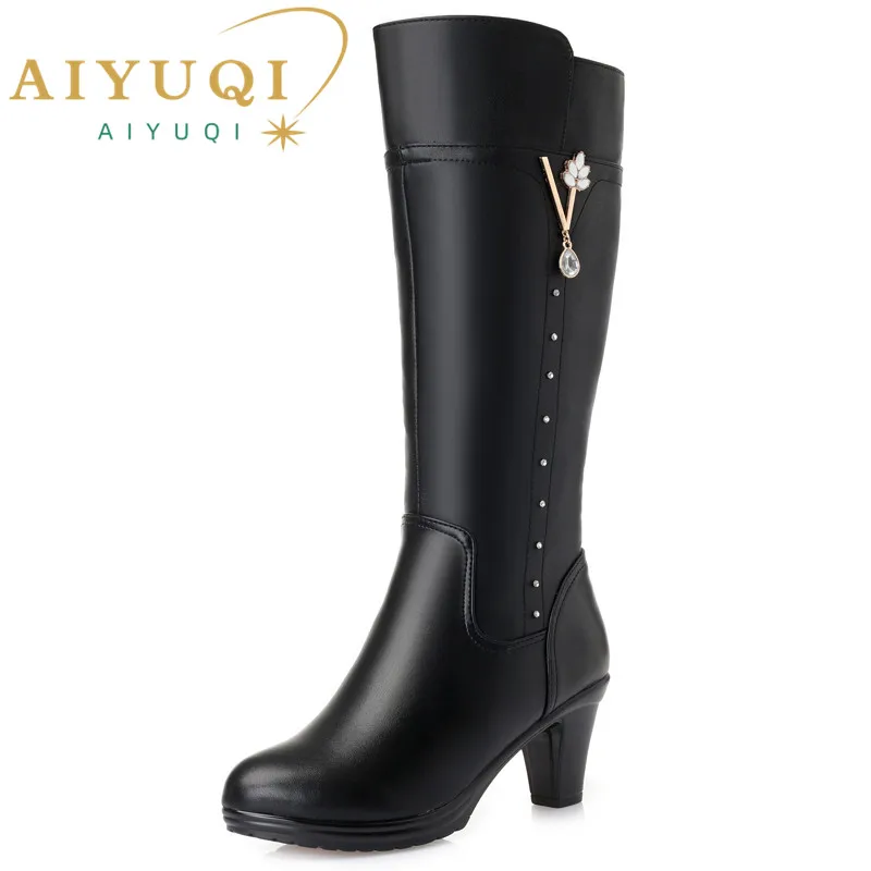 Botas de invierno para mujer, botas femeninas de cuero genuino, talla dropshipping, botas cálidas de lana de tacón alto, botas de montar de