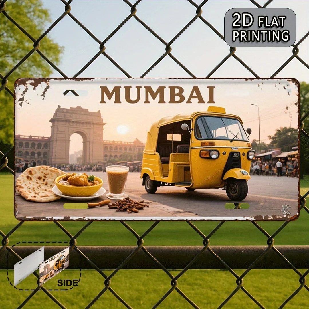 لافتة لوحة ترخيص معدنية من Mumbai - ديكور سيتي سكيب هندي مع توك، أوتو ريكشو - لوحة حائط ريترو للمنزل والمكتب والمقهى - #4