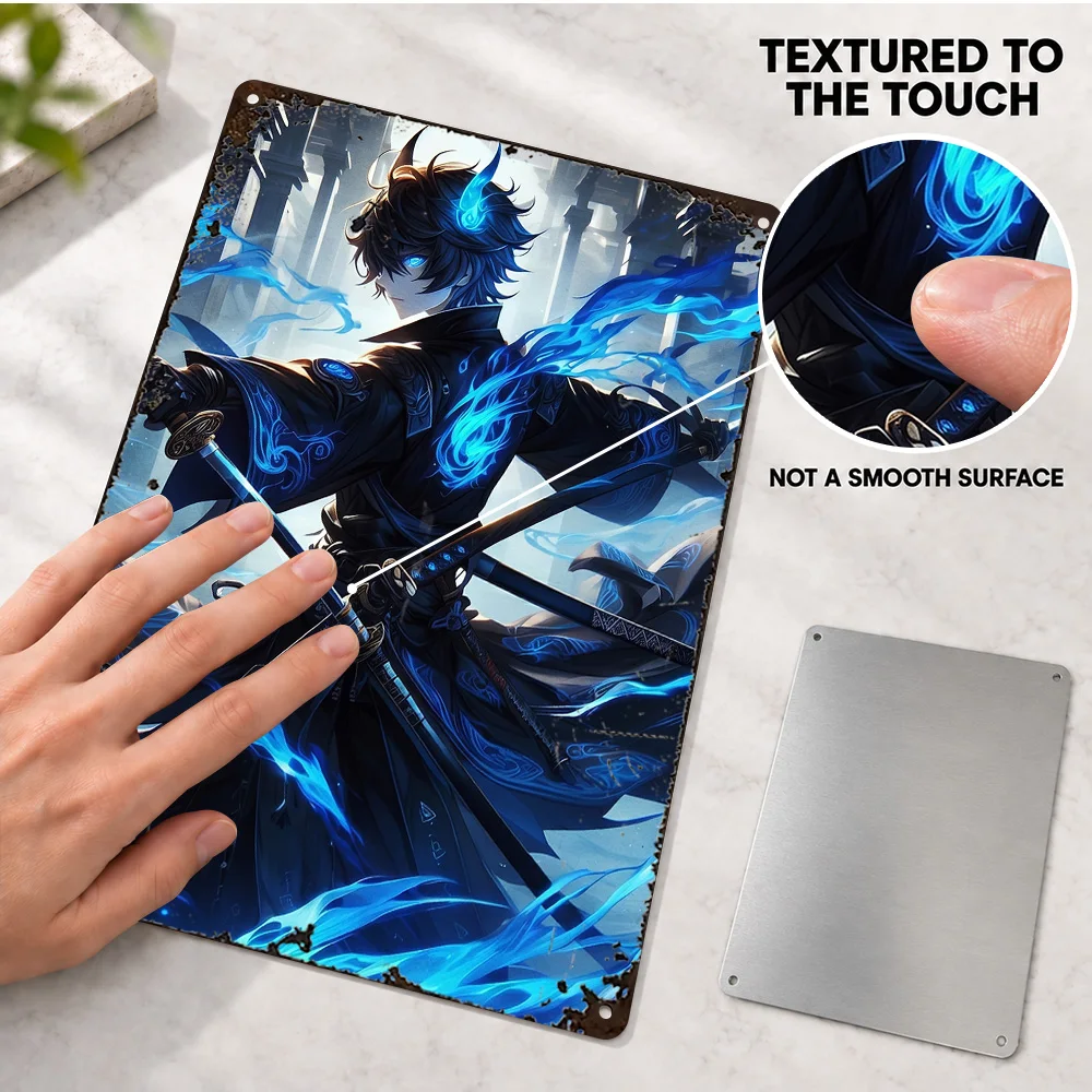 Samurai With Blue Flames Printed Poster Personalized Aluminum Metal Sign Vivid Neon Digital Illustration Wall Art For Bedroom