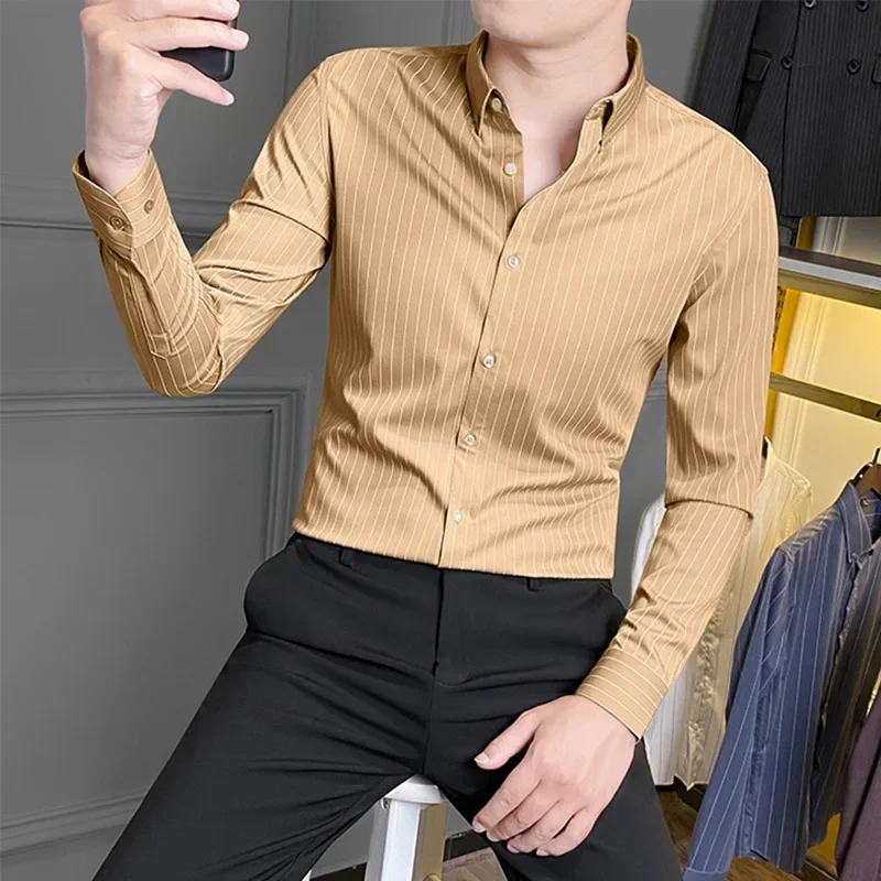 Men Shirt Long Sleeve 2024 Spring Summer Casual Shirt Striped Male Social Business Dress Shirt Slim Fit Fashion Wear