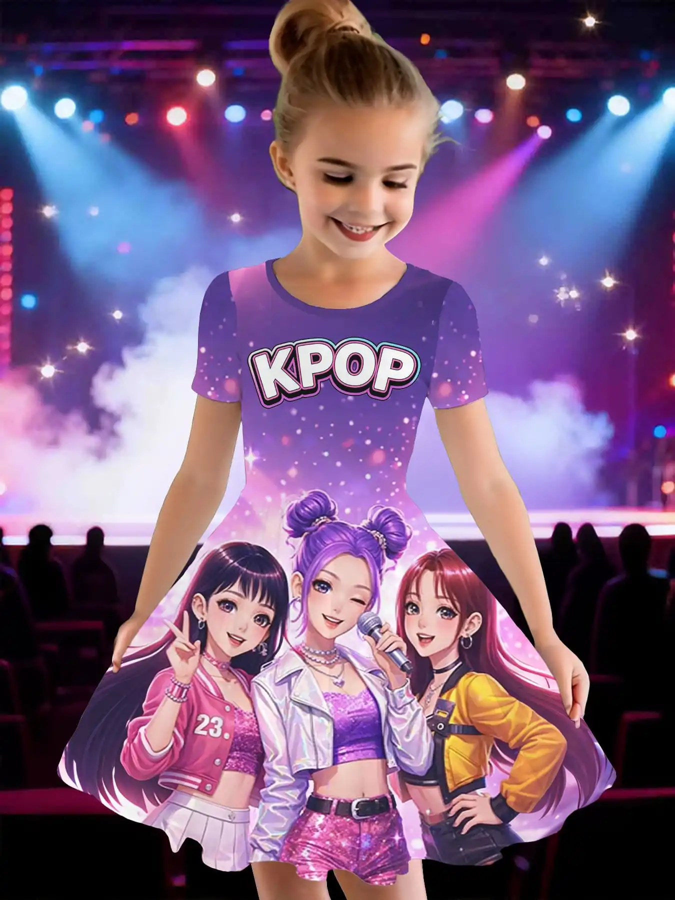 Kids GirlsIdol Swing Dress, Purple Sparkle Full Print Short Sleeve Princess Dress for Music Party Outfit