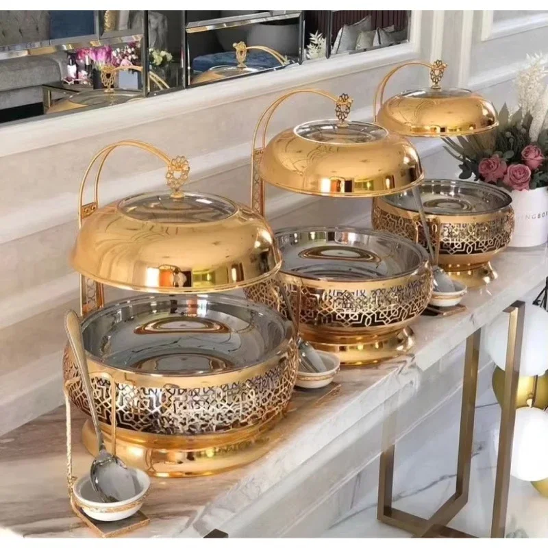 

Luxury Gold Round Hanging Chafing Dishes Hotel Wedding Buffet Equipment Dishes for Catering Restaurant Heating Food Warmer