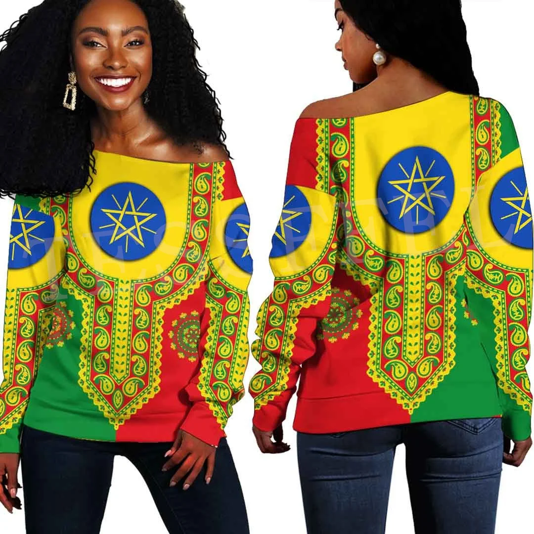 NewFashion Africa Paese Etiopia Bandiera Retro Tribe Off Spalla Felpa Maniche Lunghe 3DPrint Harajuku Delle Donne Divertente Casual AG7