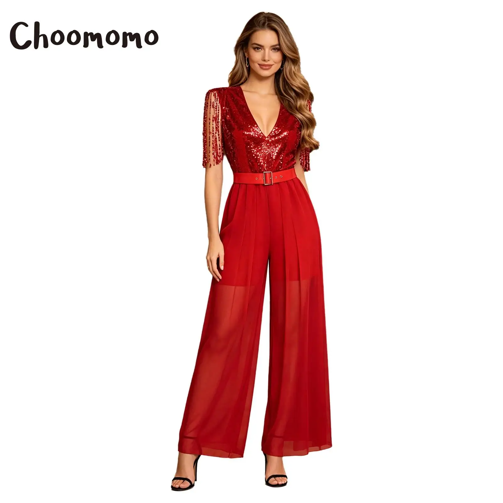 Women Glitter Party Rompers Sleeveless Sequined Tassel Wide-leg Bottoms Jumpsuit +Waist Belt for Disco Dance Proms Wedding Party