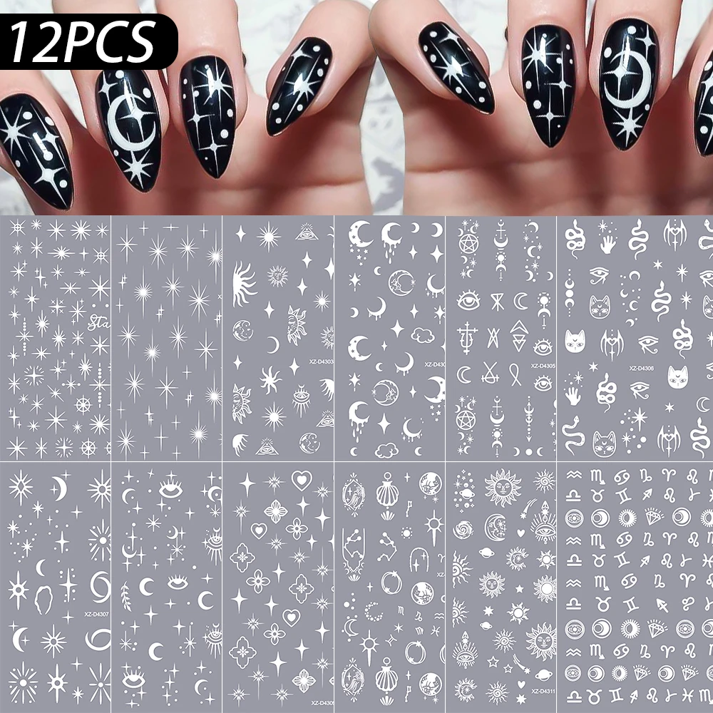 12 Stück 3D Bronzing Metall Silber Flamme Nagelaufkleber Y2k Stern Mond Schlange selbstklebende Schieber Französisch Streifen Linie Schleife Maniküre Aufkleber