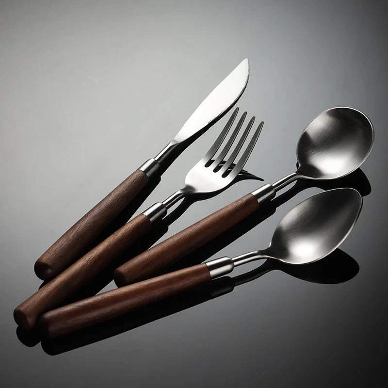 

Stainless Steel Wooden Handle Cutlery Vintage Tableware Forks Spoons Knives Kitchen Tools